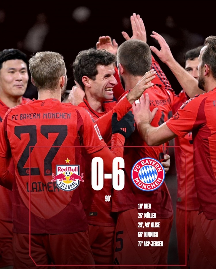  友谊赛：拜仁6-0大胜萨尔茨堡，奥利塞打进2球，基米希传射