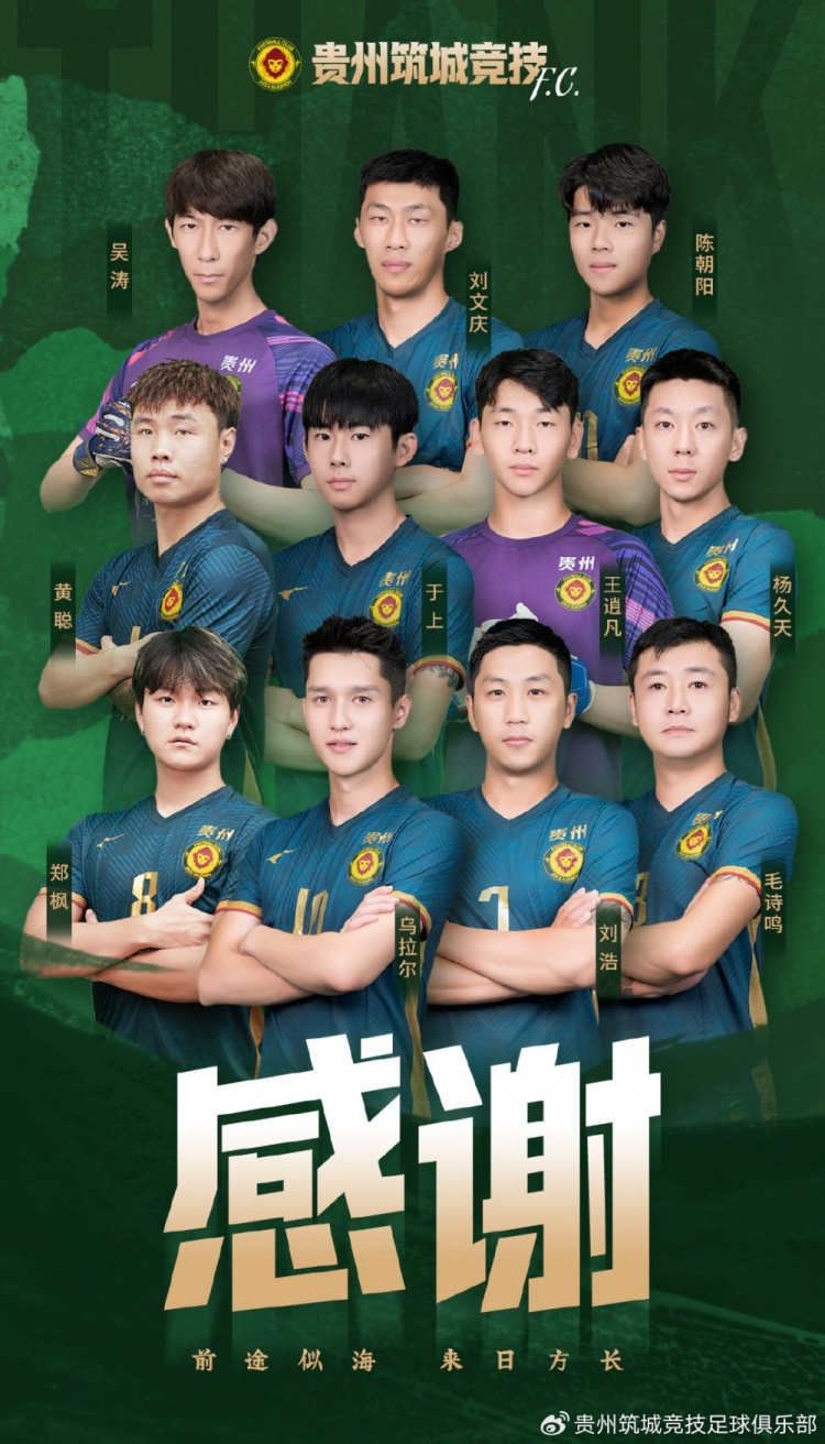  中乙升班马贵州筑城官方：11名球员合约结束正式离队
